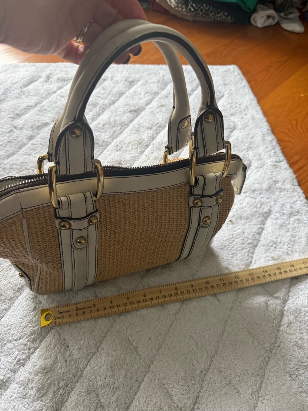Banana Republic Beige Straw Shoulder Bag with White Trim